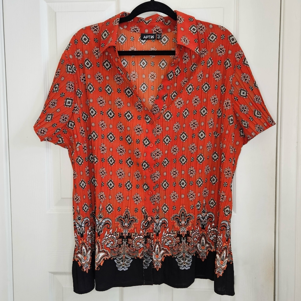 Apt 9 Plus Size 2X Burnt Orange Geometric Paisley Pleated Button Down Blouse